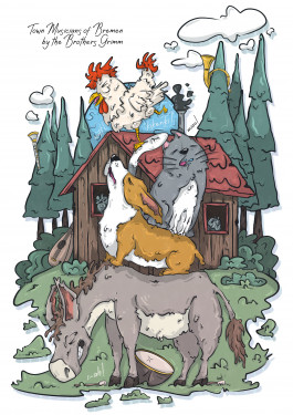 Illustration von Bremer Stadtmusikanten geschrieben von den Brüdern Grimm 
