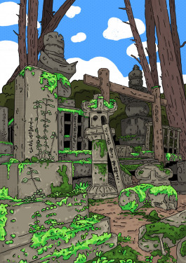 illustration of a japan forest shrine 