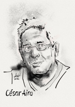 sketch portrait drawing of the author cesar aira 